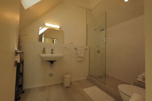 Secadora de cabello, toallas, jabón, papel de baño