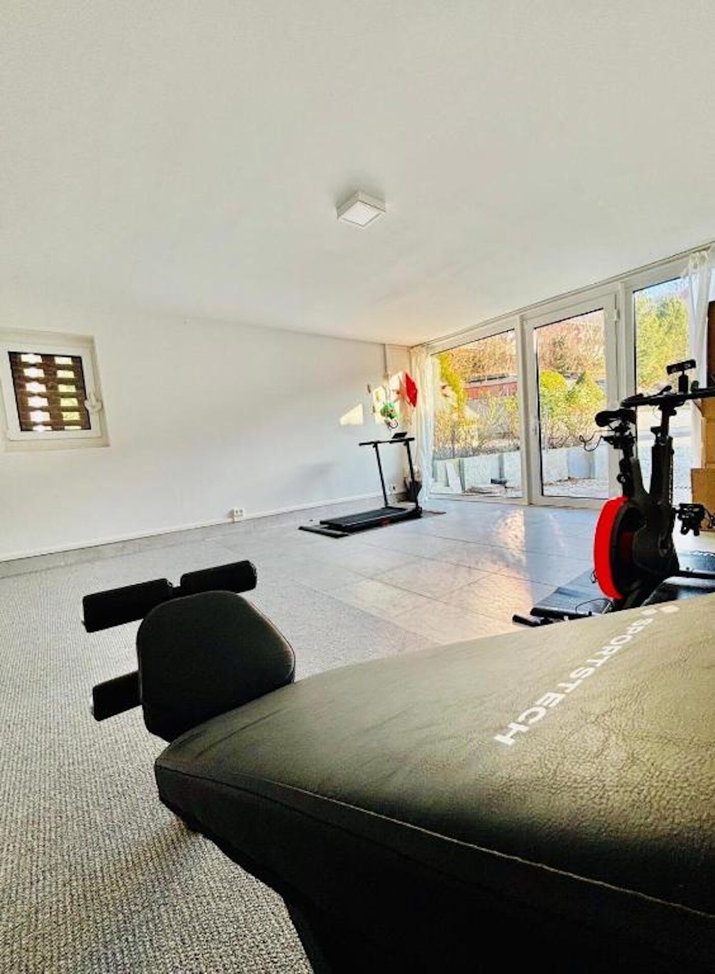A gym with exercise equipment, a treadmill, and large windows.