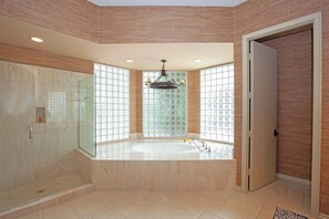 Shower, jetted tub, hair dryer, towels