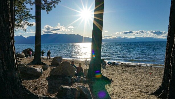 Une plage avec des arbres, des rochers et des gens.