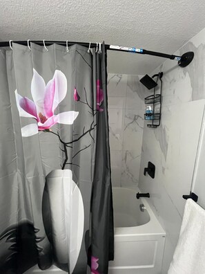 Hair dryer, towels, soap, shampoo