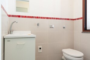 A bathroom with a white sink, a toilet, and a mirror above the sink.