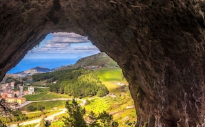 A view through a cave opening, revealing a coastal village with buildings, green fields, and a distant sea.