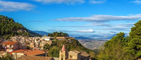 A hillside village with traditional buildings, a church, and sheep grazing.