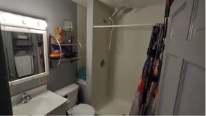Une salle de bain équipée d’un lavabo, d’un miroir, de toilettes et d’une douche.