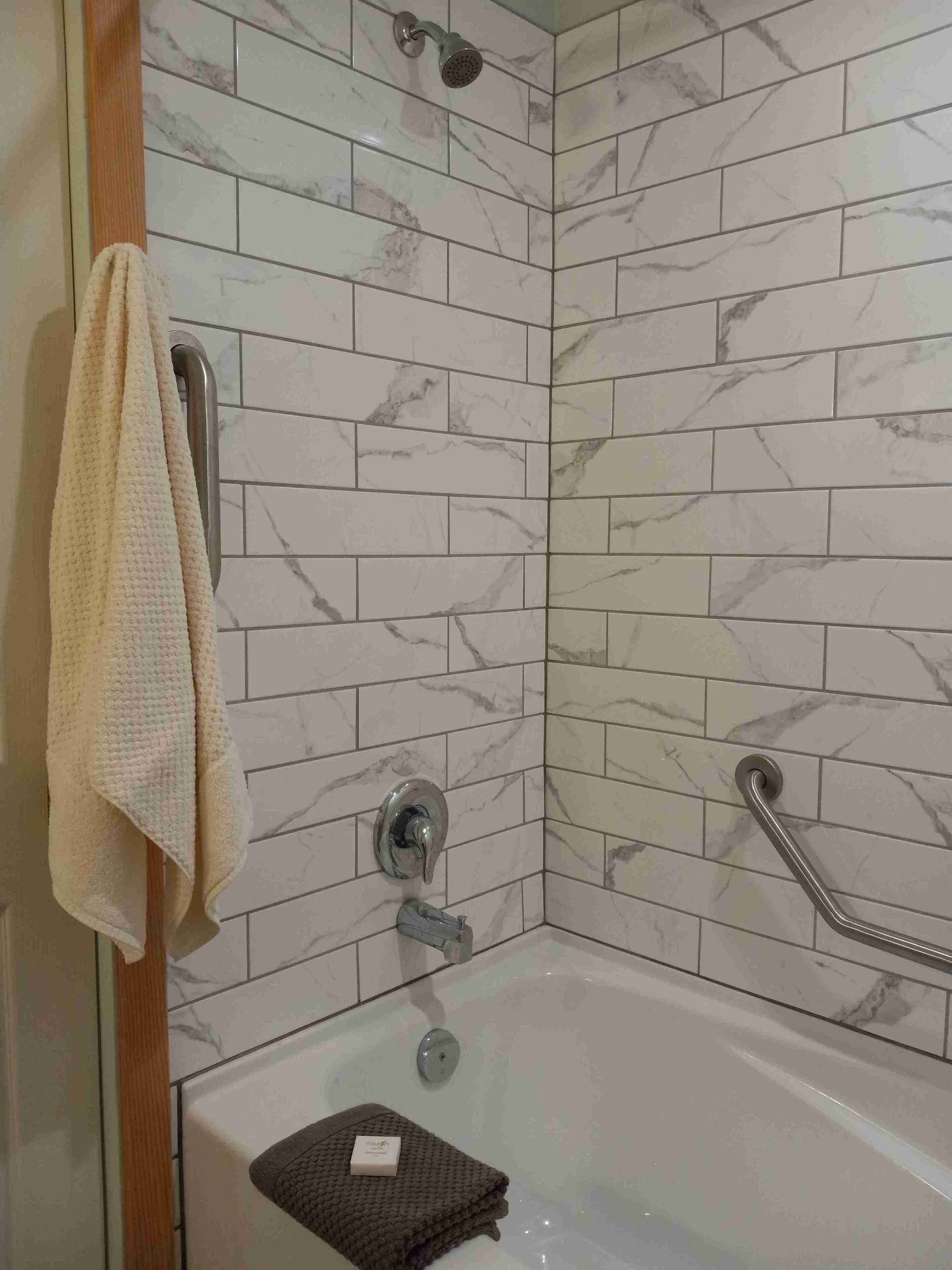 Hair dryer, towels, soap, shampoo