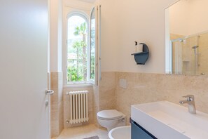 Shower, hair dryer, bidet, towels