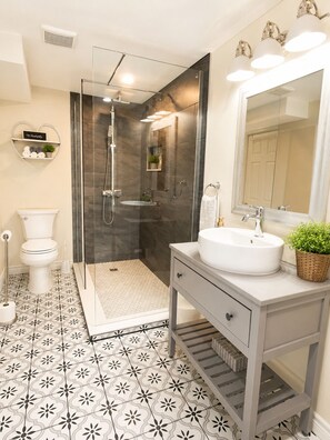 A modern bathroom with a glass-enclosed shower, a white sink, and a large mirror. - Downtown Picton Retreat |Near Sandbanks & Wineries (Prince Edward)
