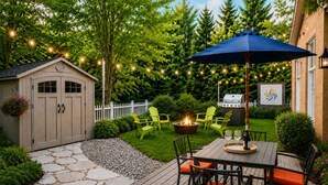 A patio with a table, chairs, a grill, and a fire pit. - Downtown Picton Retreat |Near Sandbanks & Wineries (Prince Edward)