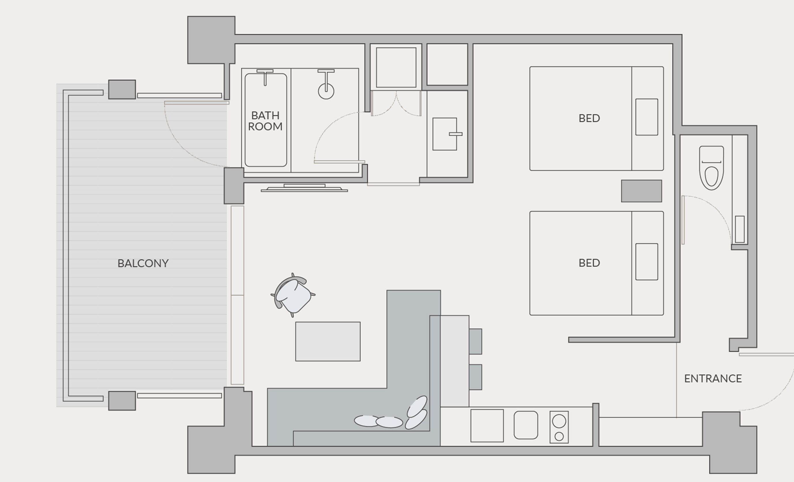 A hotel floor plan with a balcony, two bedrooms, a bathroom, and an entrance.