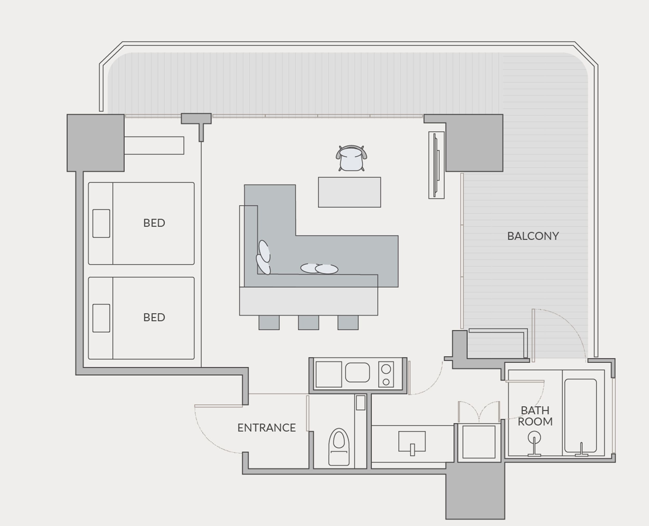 Grundriss eines Hotels mit zwei Schlafzimmern, einem Balkon, einer Küche, einem Badezimmer und einem Eingang.