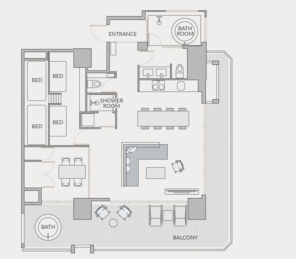 Een plattegrond van een hotelkamer met balkon, badkamer, douchekamer en een eetgedeelte.