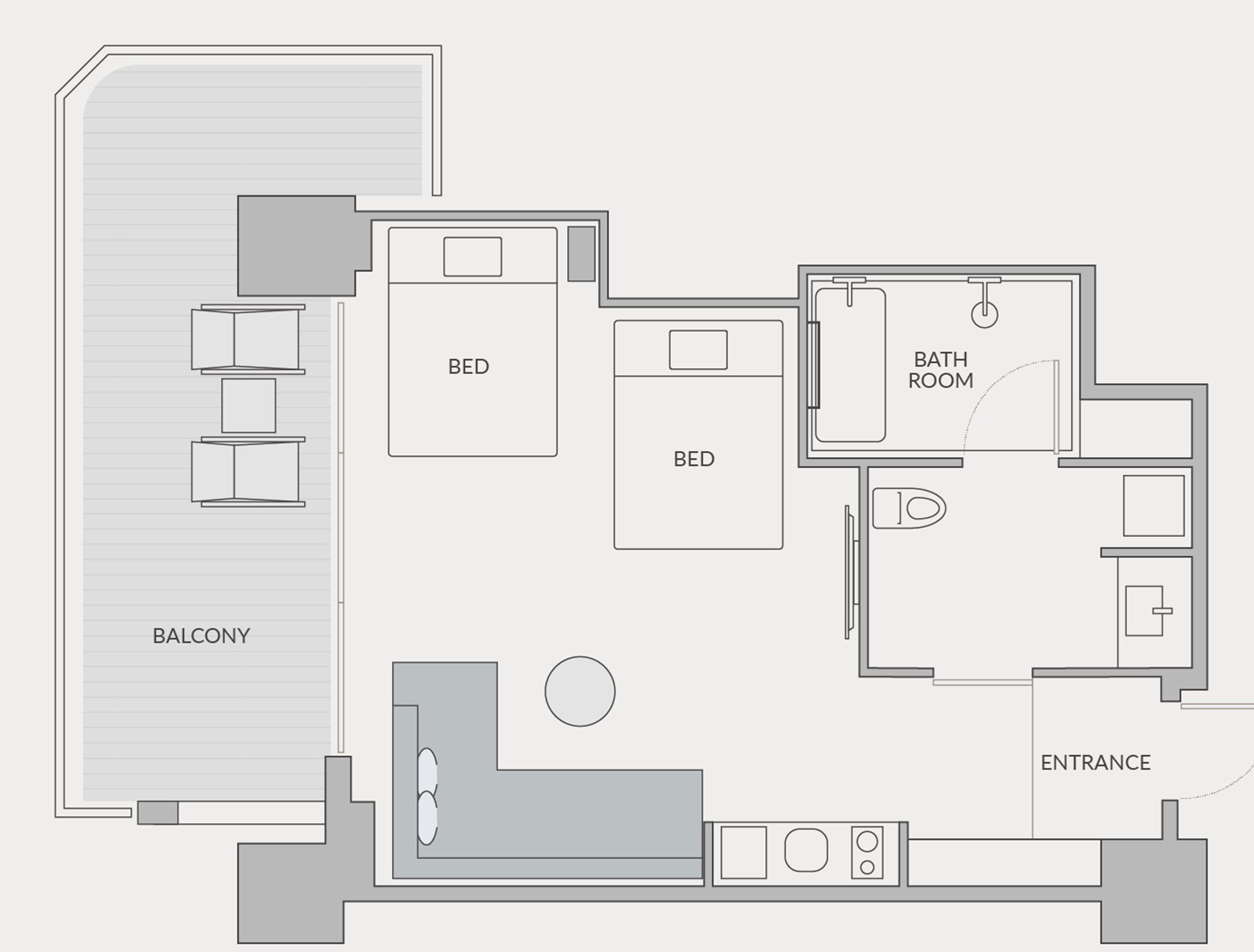 A hotel layout with a balcony, two bedrooms, a bathroom, and an entrance.