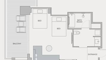 A hotel layout with a balcony, two bedrooms, a bathroom, and an entrance.