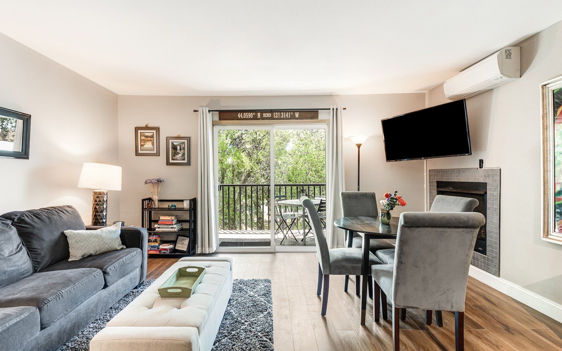 TV, fireplace, books