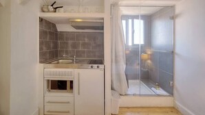 Cocina compacta con lavamanos, un refrigerador pequeño y cabina de ducha de vidrio.