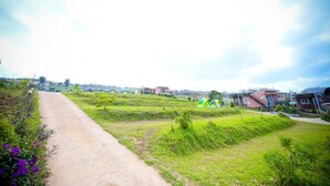 A rural landscape with a dirt path, green fields, and several small buildings. - Rai Rak Doi Phutubberk (Lom Kao)