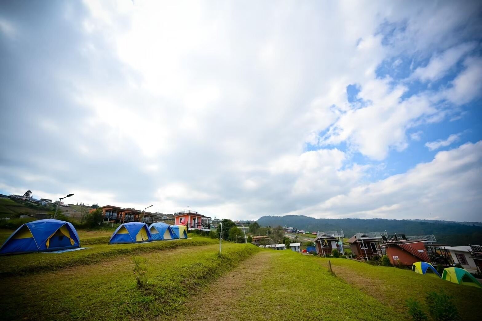 A campsite with multiple tents, a grassy area, and buildings in the background.