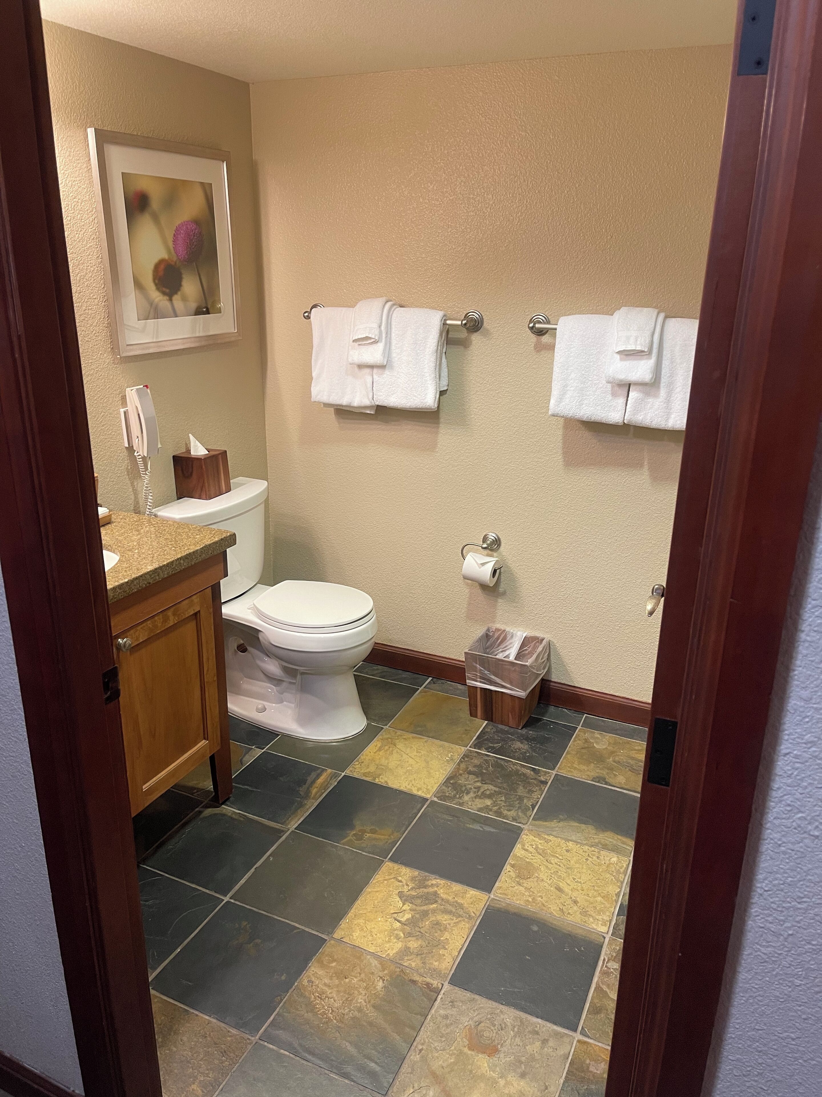 Un baño con inodoro, lavamanos y toallero.