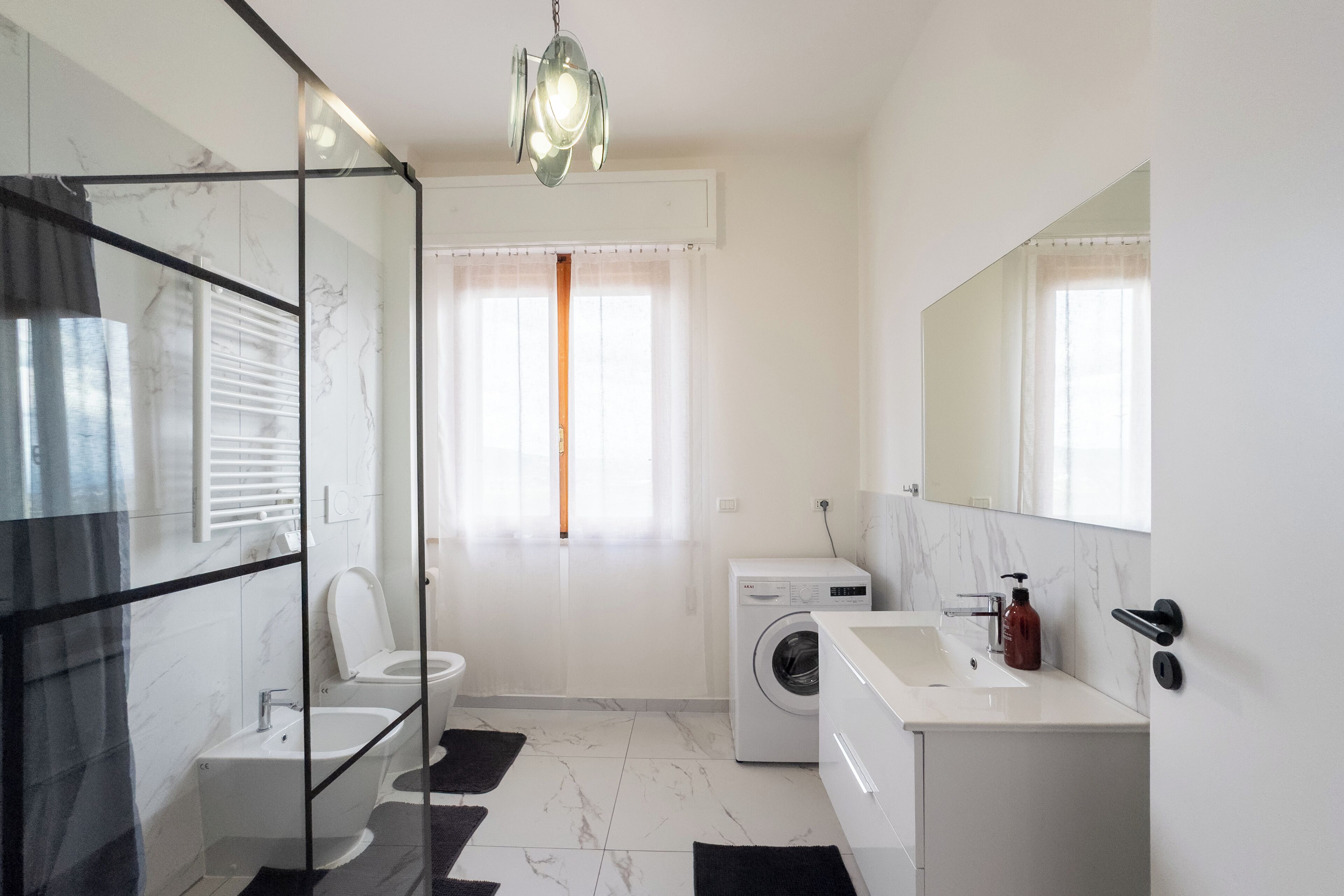 Hair dryer, bidet, towels, soap