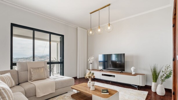Ein modernes Wohnzimmer mit großem Fenster, einer Couch, einem Couchtisch, einem Fernseher und Zimmerpflanzen.