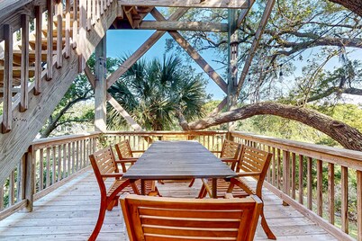 Water-view house with beach access, large decks, outdoor fireplace, games, dock