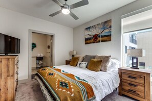 1 bedroom, desk, iron/ironing board, travel cot