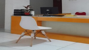 A reception desk with a white chair, a potted plant, and a computer.