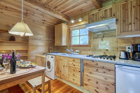 Fridge, oven, stovetop, coffee/tea maker