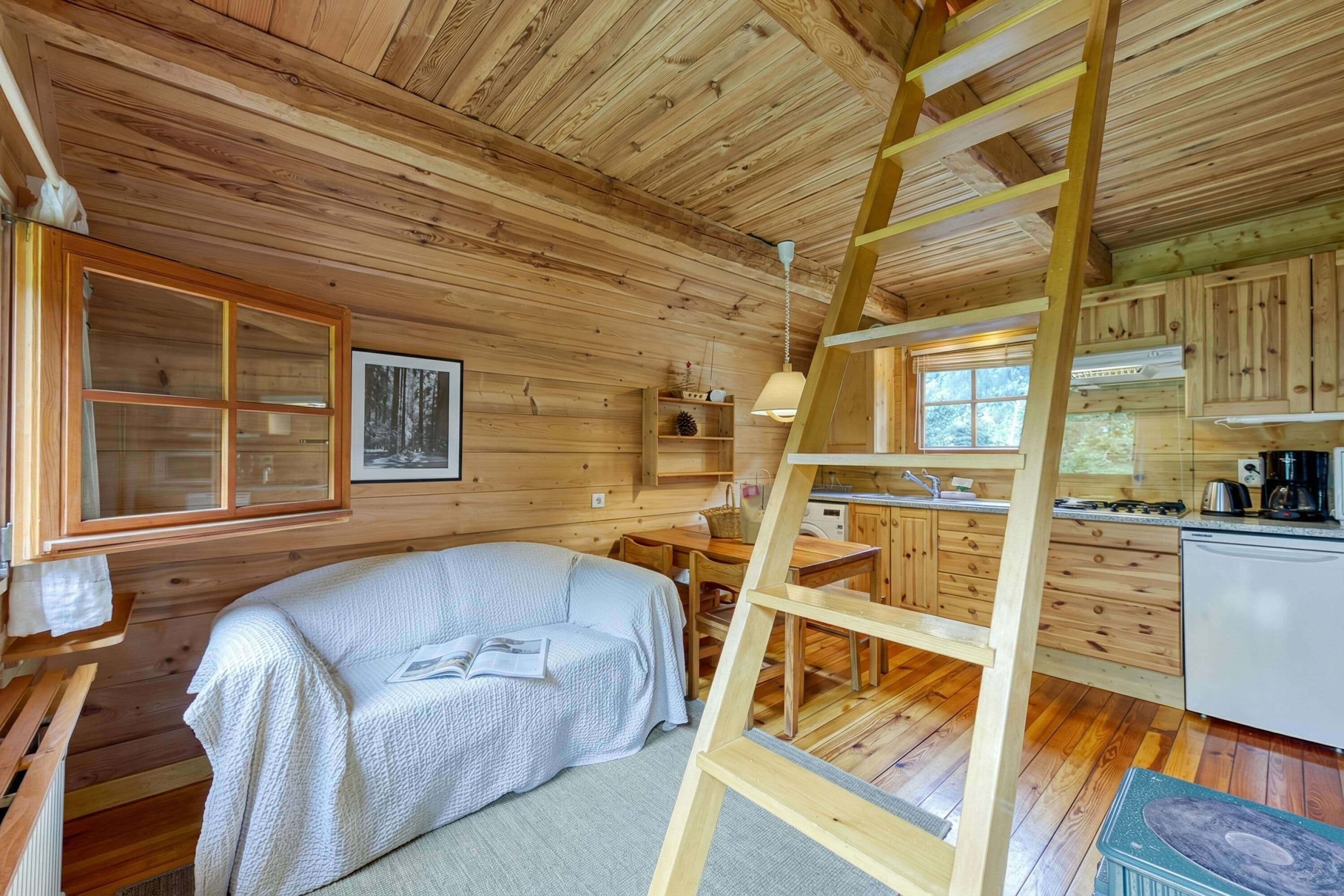A cozy cabin with a bed, a ladder, a kitchen area, and a window with a view of trees.