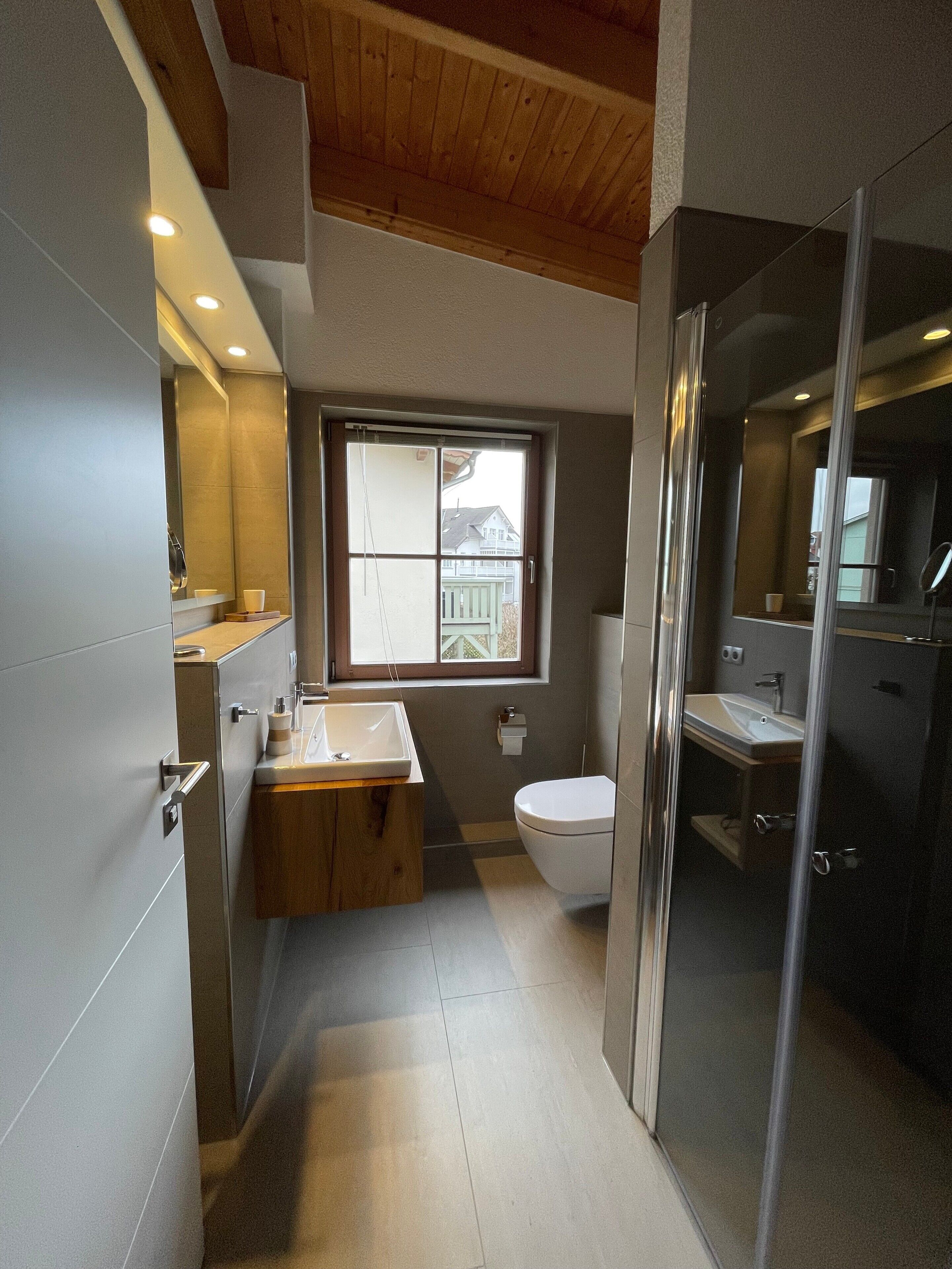 Shower, hair dryer, towels