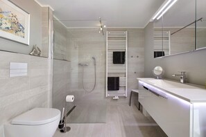 Shower, hair dryer, towels