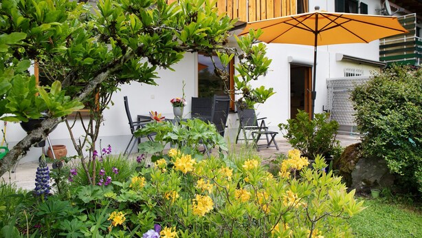Una casa moderna con un patio, una valla de madera y una variedad de plantas y flores.