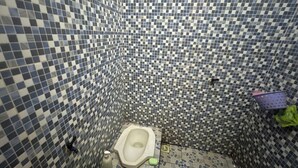 Een kleine betegelde badkamer met een waterslottoilet, een groene spons en een paarse mand.