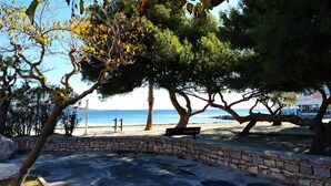 A coastal park with stone walls, a bench, and trees overlooking the sea.