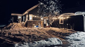 Een huis met een sneeuwbedekte tuin en een boom ervoor.