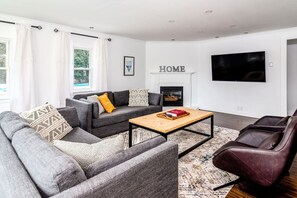 TV, fireplace, video games, stereo