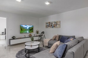 En moderne stue med en grå sofa, et sofabord, et fjernsyn og et billede på væggen.