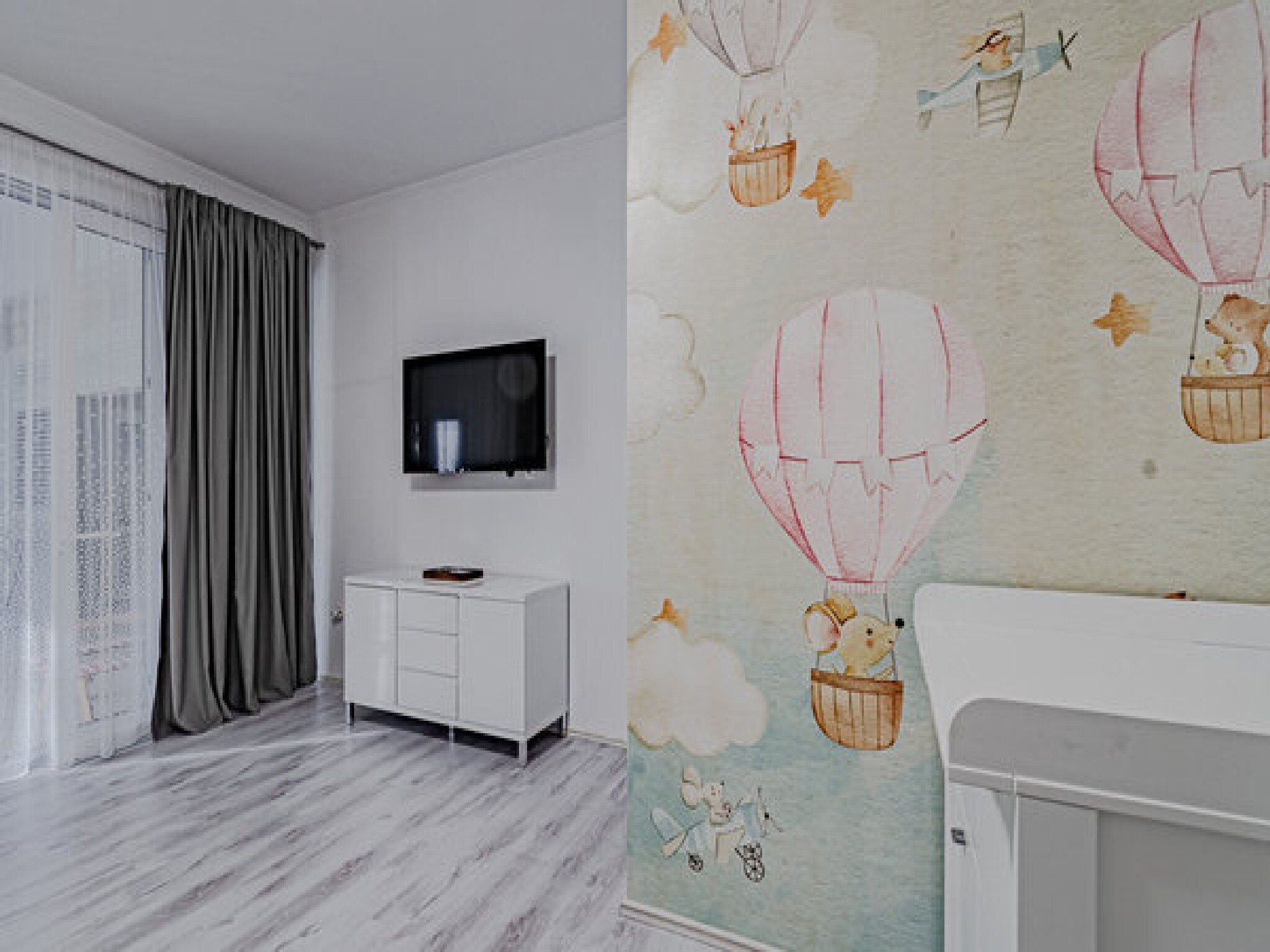 Une chambre moderne et minimaliste, dotée d’une grande fenêtre, d’un téléviseur à écran plat fixé au mur et d’une armoire blanche.