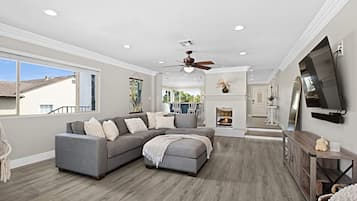 Smart TV, fireplace, books