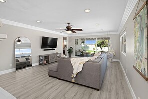 Smart TV, fireplace, books