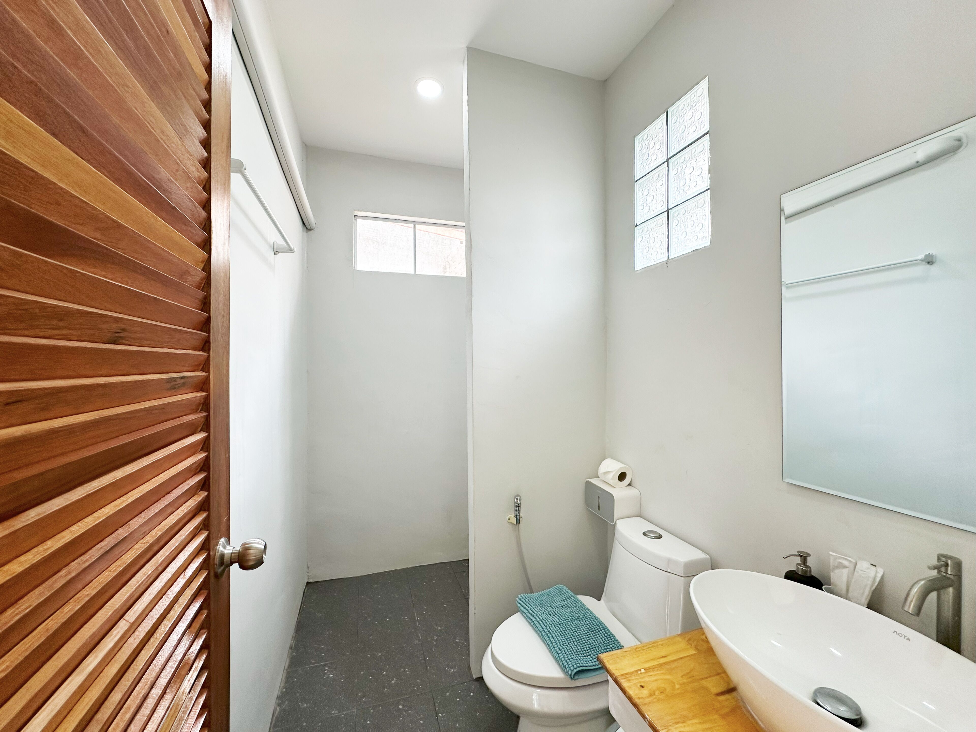 A modern bathroom with a wooden door, a toilet, a sink, and a mirror.