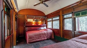A train car with a single bed, wooden walls, a ceiling fan, and windows with a view of trees. - Discovery Resorts - Undara (Mount Surprise)