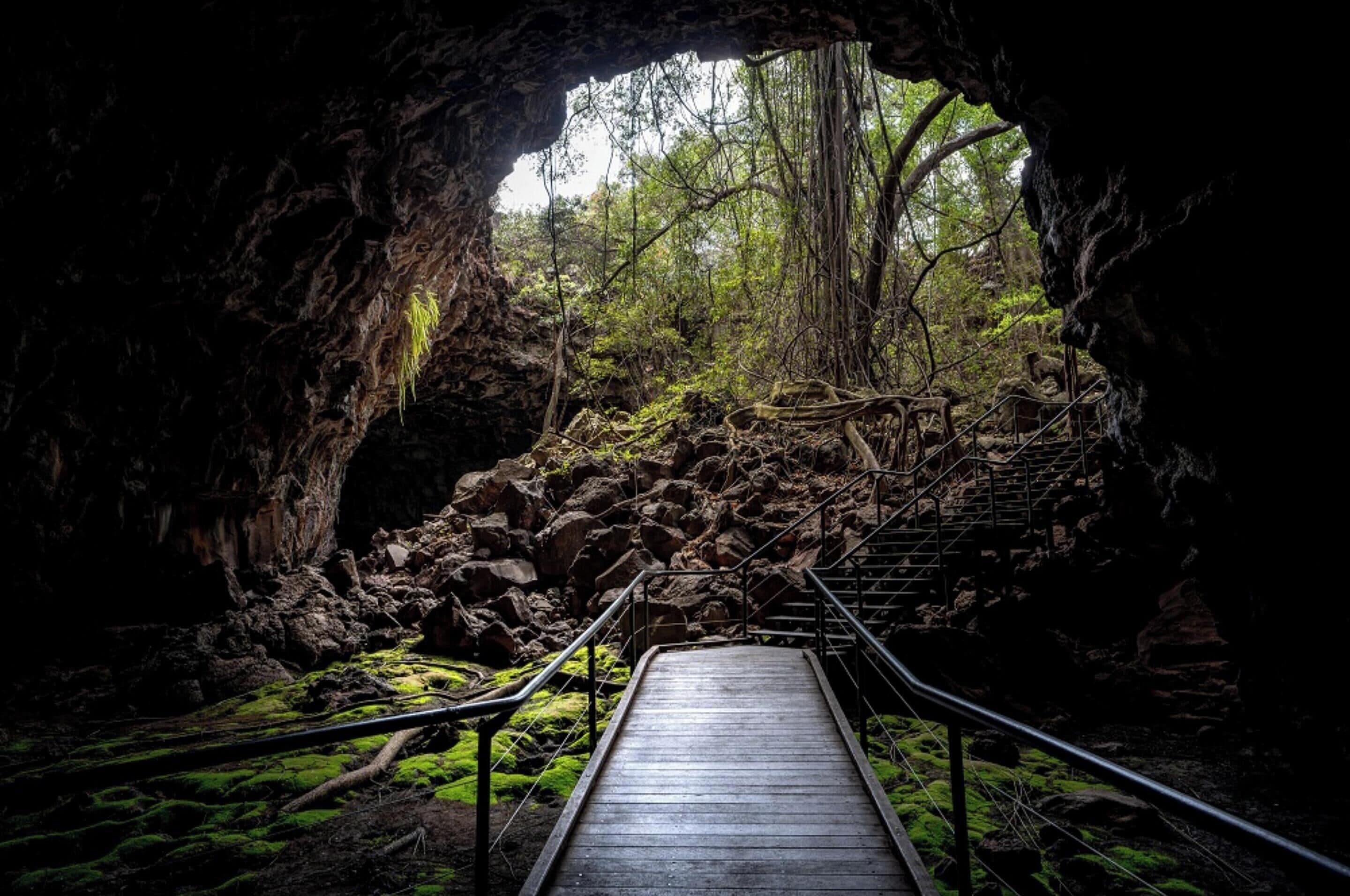 A wooden pathway leading through a cave entrance surrounded by rocks and greenery.