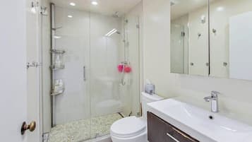 Dusche, Haartrockner, Handtücher, Shampoo