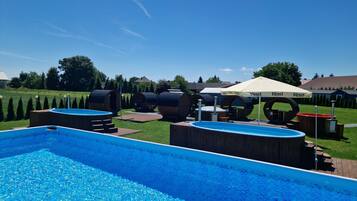 Seasonal outdoor pool, pool umbrellas, sun loungers