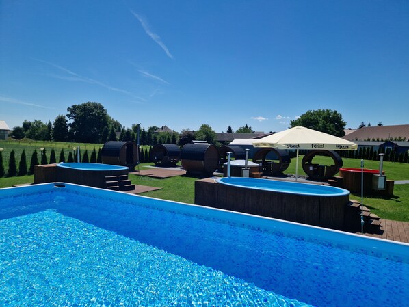 Seasonal outdoor pool, pool umbrellas, pool loungers