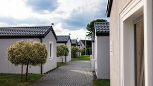 Une rangée de maisons modernes à un étage, séparées par un chemin piétonnier dallé.