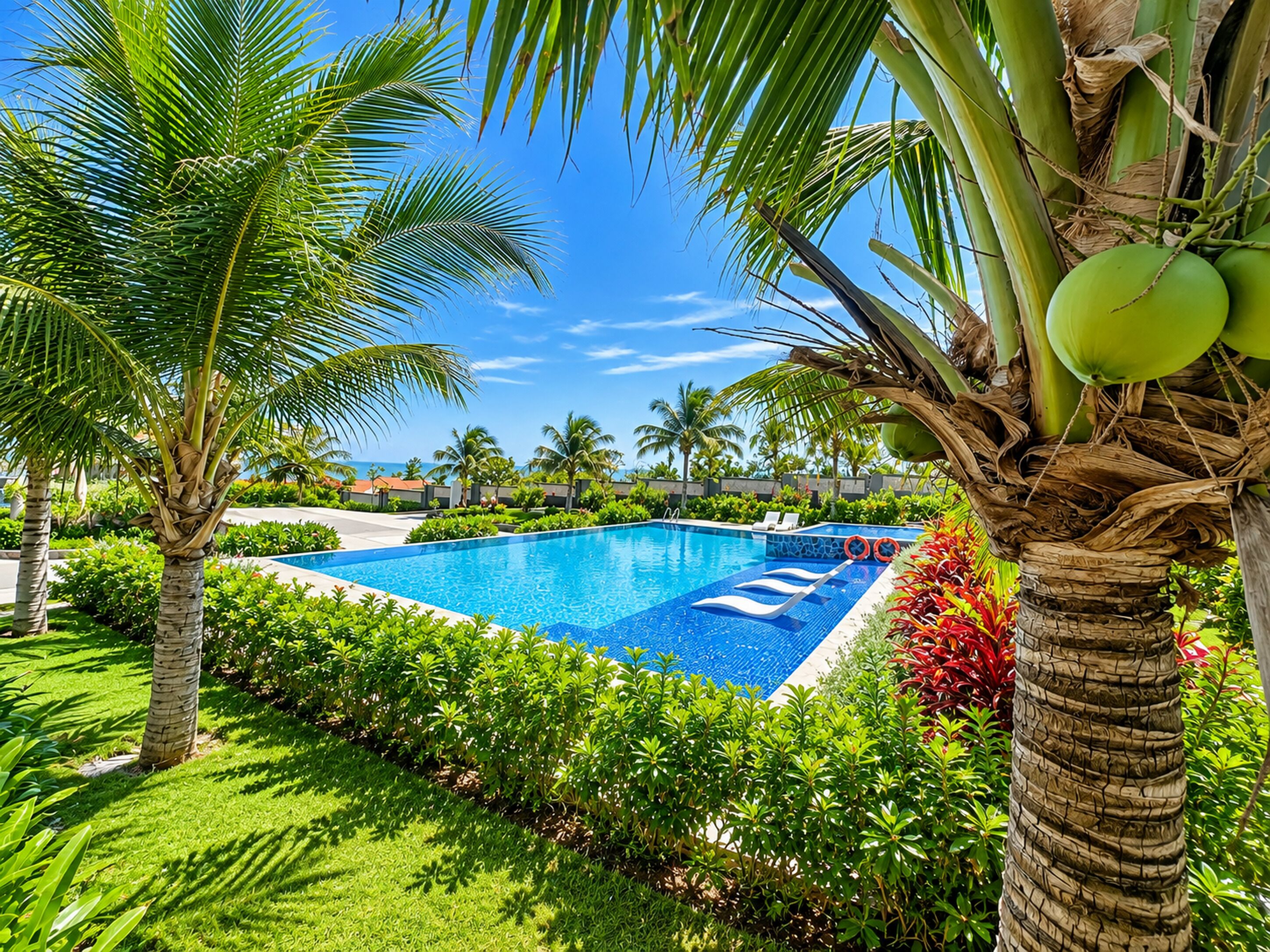 Une piscine entourée d’une végétation luxuriante et de palmiers.