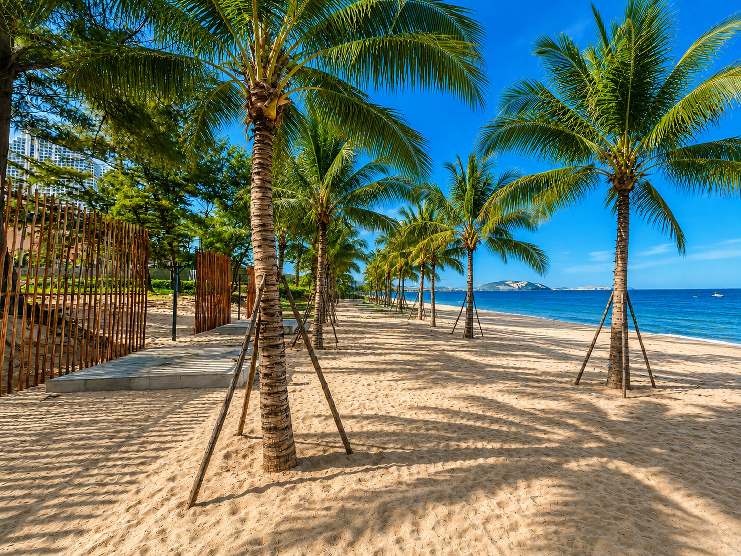 A beach with palm trees and a wooden fence.